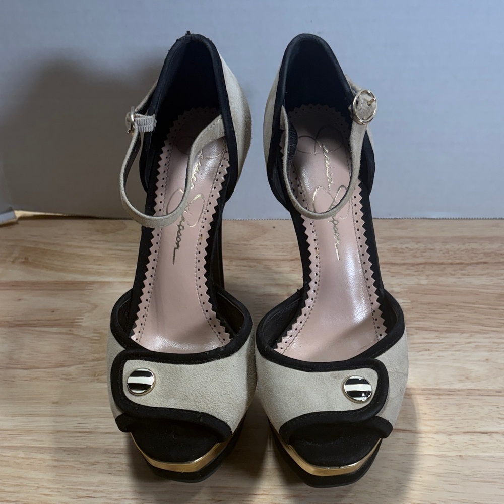 Jessica Simpson Two-Tone Ankle Strap Platform Heels in Beige and Black
